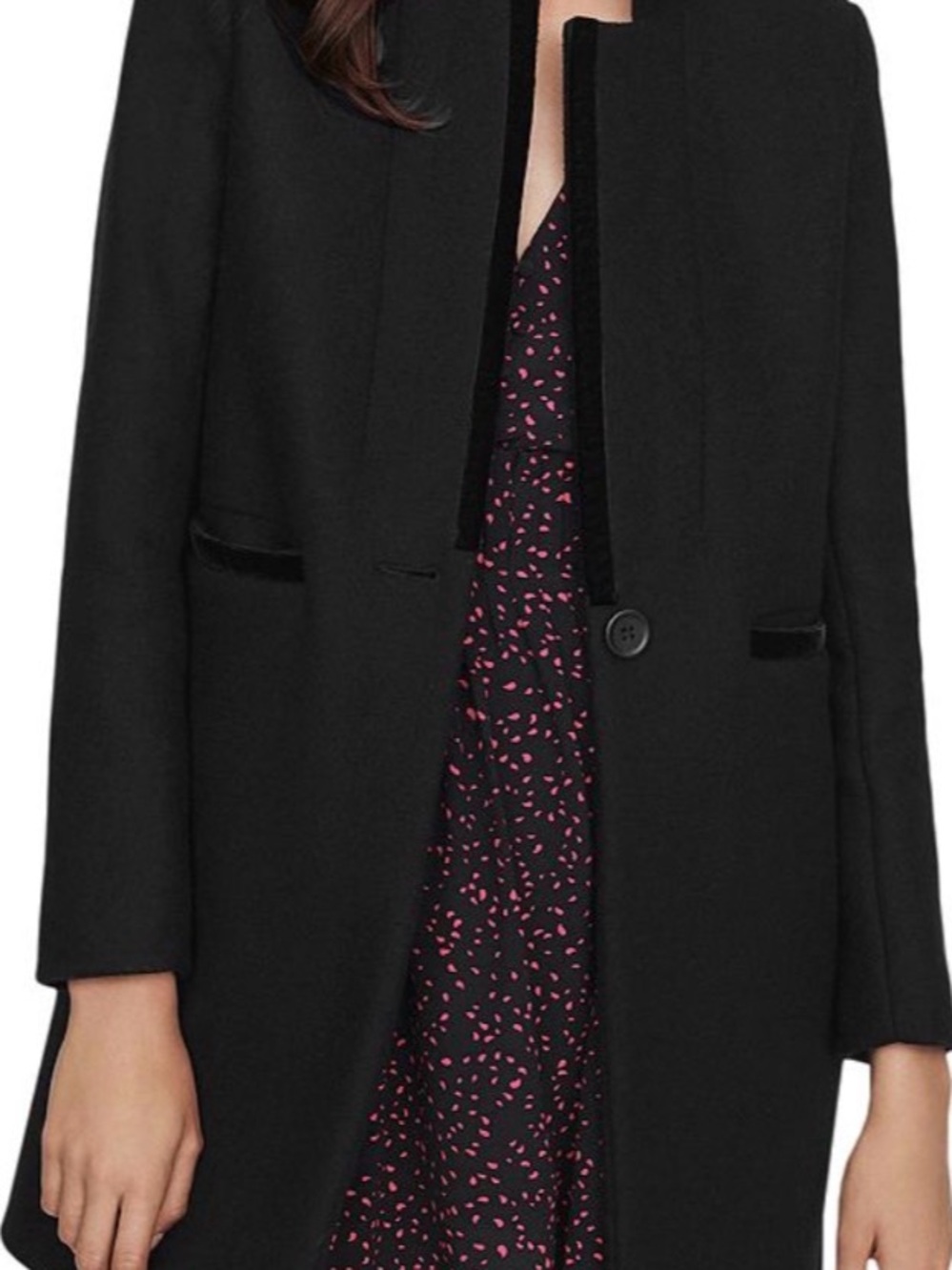 Maje Black Single-Button Trench Coat with Velvet Trim